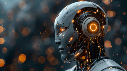 3d rendering humanoid robot in front of bokeh lights background