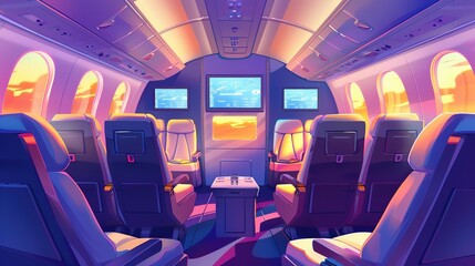 Sticker - cartoon of the inside of a VIP plane with comfortable seats and big TV screens