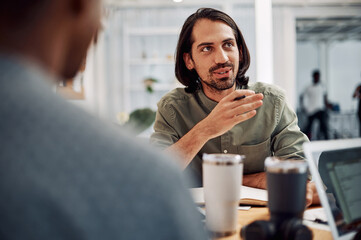 Aufkleber - Business people, meeting and planning for ideas, teamwork advice or collaboration at publishing agency. Writer, editor or creative author talk of manuscript development, story or editorial feedback