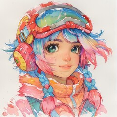 Wall Mural -  happy baby superhero wearing flying goggles and helmet, simple, outlines, kawaii anime, colorful pastel, inspired, colorful ink wash, blocks, cultural