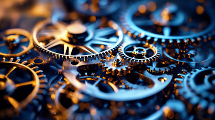 Wall Mural - Close-up view of intricate metal gears and cogs with a golden hue and blurred background.