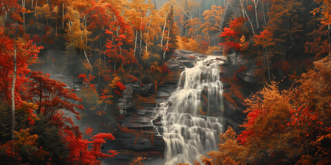 Wall Mural - Cascading waterfall framed by trees ablaze in autumn colors