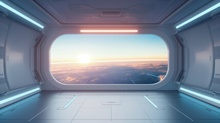 Interior view of spacecraft with sunset over clouds.