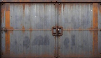 Close up of a weathered metal door with a small rectangular mail slot with visible rust and green paint streaks, Generative AI.