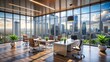 © Man888 - Modern office building interior with sleek furniture and cityscape view through floor-to-ceiling windows, conveying success and professionalism.