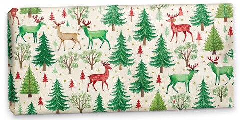 Canvas Print - Festive holiday paper wrap featuring whimsical deer and evergreen trees set against a white background with pops of bright green accents and textures.