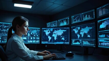 A woman in a dark room is sitting at a desk with multiple computer monitors in front of her. She is typing on a keyboard.