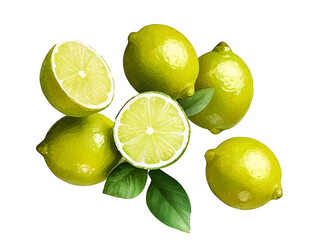 Fresh realistic watercolor lime set isolated PNG, transparent background. Sliced piece, whole limes with green leaves. Tasty, juicy citrus objects decoration for detox drink ingredients, culinary