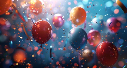 Wall Mural - Colorful Balloons and Confetti Falling Against a Blue Background