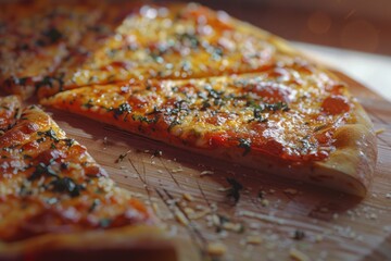 Poster - A slice of pizza resting on a rustic wooden cutting board