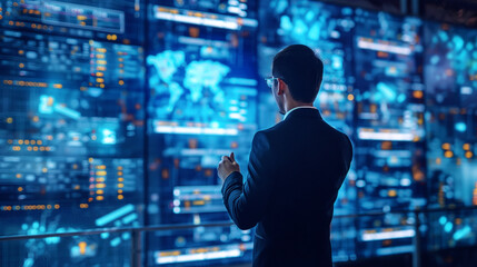 Wall Mural - Businessman observing data analytics on futuristic digital screens in a high-tech control room.