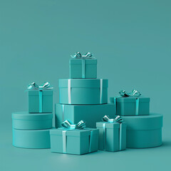 Wall Mural - Huge stack of turquoise aqua blue gift boxes round square pretty ribbons on teal background festive elegant packaging  birthday wedding anniversary Christmas wrapping idea fun bold retail campaign ad 