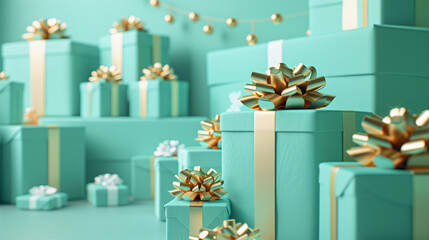 Wall Mural - Lovely stack of turquoise gift boxes with gold ribbons on teal background festive elegant packaging for special occasions holidays birthdays weddings pretty sweet teen event branding package box