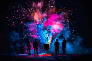 Wall Mural - Colorful light bulb explosion with shards and paint. Business, ideas, and new technologies.