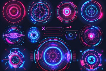 Wall Mural - Retro-psychedelic retro futuristic set in trendy y2k style. Abstract geometric shapes, wireframes, cyberpunk elements, perspective grids, donuts with frames, stock photos, donuts with donut frames,