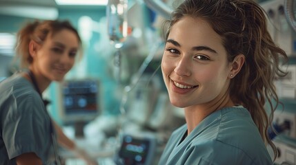 Canvas Print - Smiling at the camera are two women dressed in medical scrubs