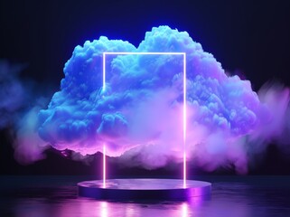 Canvas Print - Clouds going through square windows isolated on black background. Starry night sky. Abstract dream metaphor. Pink and blue neon lines. Virtual reality. Ultraviolet light.