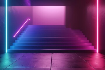 Wall Mural - In this 3d render we see an abstract pink blue neon background, ultraviolet glowing vertical lines, illuminated stairs, a fashion podium and a performance stage.