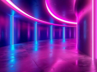 Poster - 3D rendering, pink blue neon light, abstract background with glowing lines, cyberspace in virtual reality, nightclub room interior, fashion podium or stage, empty corridor in ultraviolet light