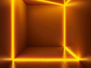 Wall Mural - Rendering of a night club interior with a neon yellow light, an abstract minimalist background, dynamic glowing lines, a performance stage, vibrant colors, an empty room, tunnel, and corridor.