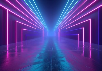 Wall Mural - A 3D render of a neon abstract background with glowing vertical lines, ultraviolet light, a laser show performance stage, which has reflections on the stairs