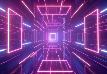 Sticker - An abstract pink blue neon background with glowing squares, a laser show, a reflection on the wall, and a rectangular shape, rendered in 3D