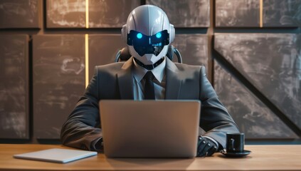 Canvas Print - Business concept. AI chatbot robot assistant sitting at desk using computer as stock.