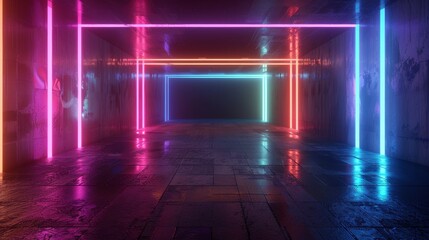 Canvas Print - The 3D technology abstract neon light background features an empty space scene, spotlight, dark night, cyber futuristic sci-fi background, street floor studio for mockups. Colored geometric shapes.