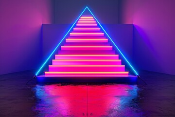 Wall Mural - The render shows an abstract neon background, a music stage with neon lights, a glowing pyramid shape above an empty fashion podium, stairs with triangular shapes, a UV spectrum, and a pink blue