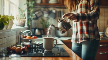 Wall Mural - A woman pours water into a cup on a stove, preparing for a drink or meal