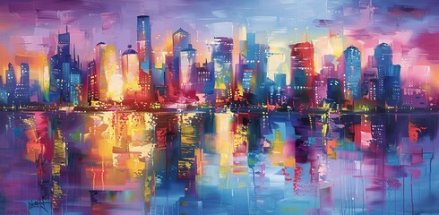 Skyline city view on canvas with reflections on the water. Original oil painting.