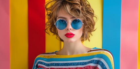 Featured: a beautiful high fashion lady with cool sunglasses against a crazy multicolored abstract background, created with advanced stock (AI)