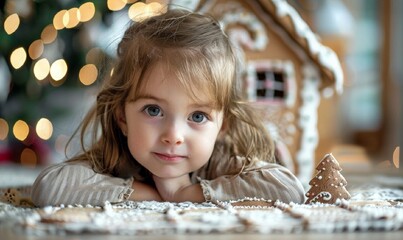 Little cute girl and homemade gingerbread house, on  Dark bokeh background,  Xmas atmosphere. New Year or Christmas greeting card, Family Christmas holiday.  child  and Christmas gingerbread house