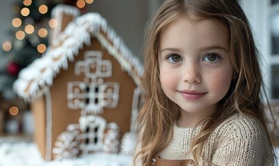 Little cute girl and homemade gingerbread house, on a Dark bokeh background,  Xmas atmosphere. New Year or Christmas greeting card, Family Christmas holiday.  child  and Christmas gingerbread house