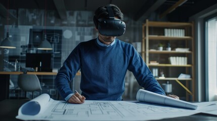 A software engineer wears a virtual reality headset and manipulates components in augmented reality. Blueprints for an engine and a car concept are displayed at the engineering facility.