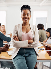 Aufkleber - Employee, woman and arms crossed in office for meeting with brainstorming or strategy for project. Female person, people and smile on portrait in boardroom for teamwork, collaboration and proud