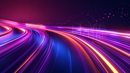 Poster - This scene includes a 3D render, an abstract neon background, a space tunnel turning to the left, ultraviolet rays, glowing lines, virtual reality jumps, speed of light, time and space strings, and