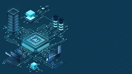 Isometric artificial intelligence chip animation. Artificial Intelligence server. Futuristic microchip processor. Isometric cloud computing. 4K video animated in isometric style