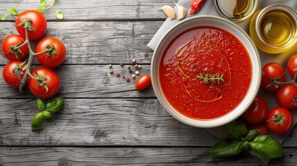 Top view of a rustic wooden table with a bowl of homemade tomato sauce, surrounded by fresh ingredients like basil, garlic, and chili peppers, perfect for a delicious, traditional Italian meal.