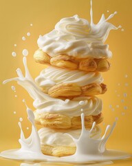 Wall Mural - a stack of cream puffs being splashed with milk