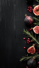 Sticker - pomegranate, fig and rosemary on dark wooden background