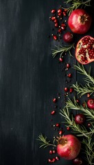 Poster - pomegranate and rosemary on black wooden background