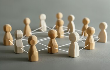 Canvas Print - a network of people connected by wooden people on a gray background