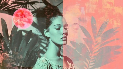 Sticker - Collage of Double exposure risograph Polaroids, juxtaposition of pop-art and vintage beauty, woman in nature, intensely saturated monochromatic hues of Bubblegum pink and Mint green and Sunshine