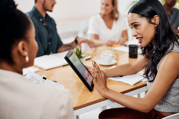 Poster - Tablet, brainstorming and woman in office for business meeting, teamwork and planning for project. People, communication and technology in conference room for agenda, ideas and collaboration at desk