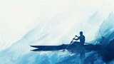 Illustration of  rowers in boat,white and blue color palette, digital painting with brush strokes.