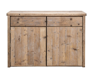 Wall Mural - cabinet with rough recycled wood planks with two doors and two drawers. Isolated white background