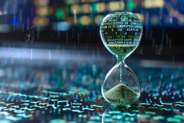 Wall Mural - a pixel art hourglass filled with swirling binary code instead of sand, emphasizing the urgency of t