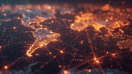 Wall Mural - a global map with pulsating beams of light representing major data arteries, converging on cloud hub