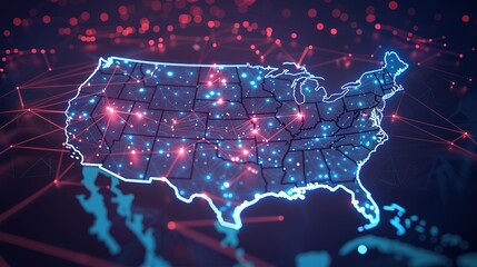 Sticker - Digital map of USA, concept of United States of America network and connectivity, data transfer and cyber tech, business and information exchange